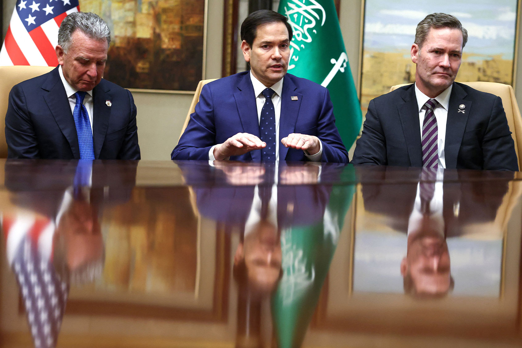 US Secretary of State Marco Rubio (C), US National Security Advisor Mike Waltz (R) and US Middle East envoy Steve Witkoff attend an interview after meeting with Russian Foreign Minister Sergei Lavrov and Russian President Vladimir Putin's foreign policy advisor Yuri Ushakov, at Diriyah Palace, in Riyadh, Saudi Arabia, on February 18, 2025. (EVELYN HOCKSTEIN/POOL/AFP via Getty Images)