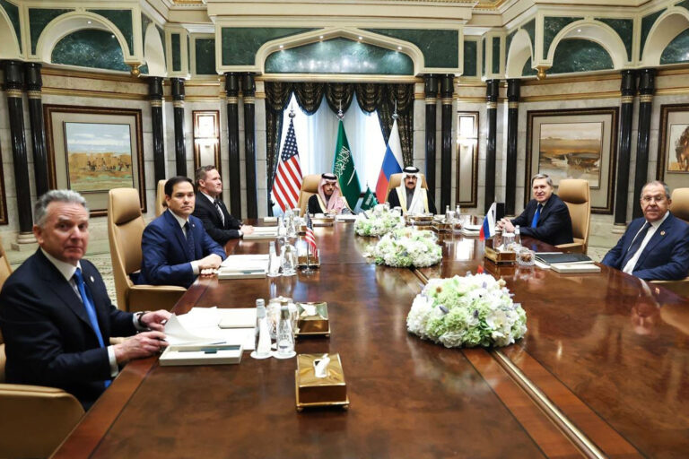 Saudi Foreign Minister Faisal bin Farhan Al Saud (4th L), Russian Foreign Minister Sergey Lavrov (R) , Russian President Vladimir Putin's Foreign Policy Advisor Yuri Ushakov (2nd R), US Secretary of State Marco Antonio Rubio (2nd L), US National Security Adviser Mike Waltz (3rd L) and US Special Envoy for the Middle East Steve Witkoff (L) attend a meeting between Russia and the US, aimed at mending relations between the two nations and addressing the conflict in Ukraine, on February 18, 2025 in Riyadh, Saudi Arabia. (Russian Foreign Ministry / Handout/Anadolu via Getty Images)