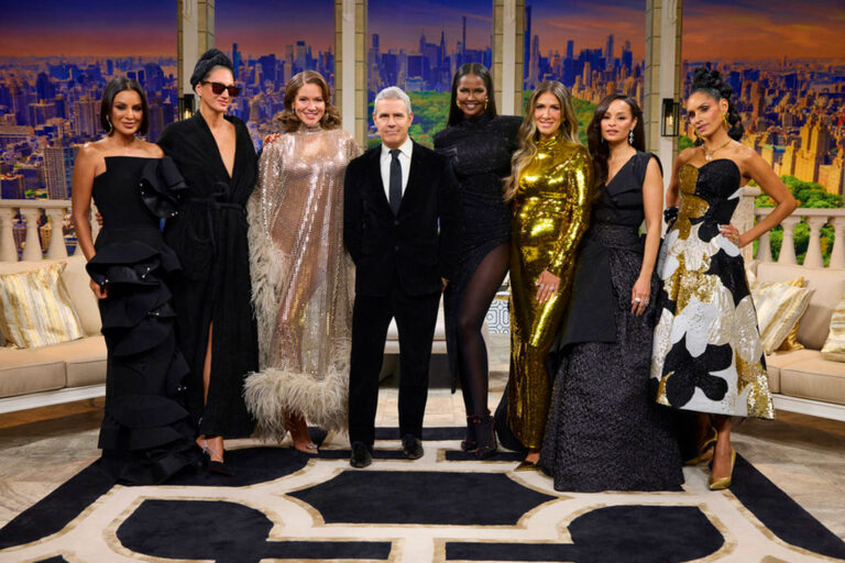 Jessel Taank, Jenna Lyons, Brynn Whitfield, Andy Cohen, Ubah Hassan, Erin Lichy, Sai De Silva and Racquel Chevremont in the Reunions episode of "The Real Housewives of New York City" (Jocelyn Prescod/Bravo)