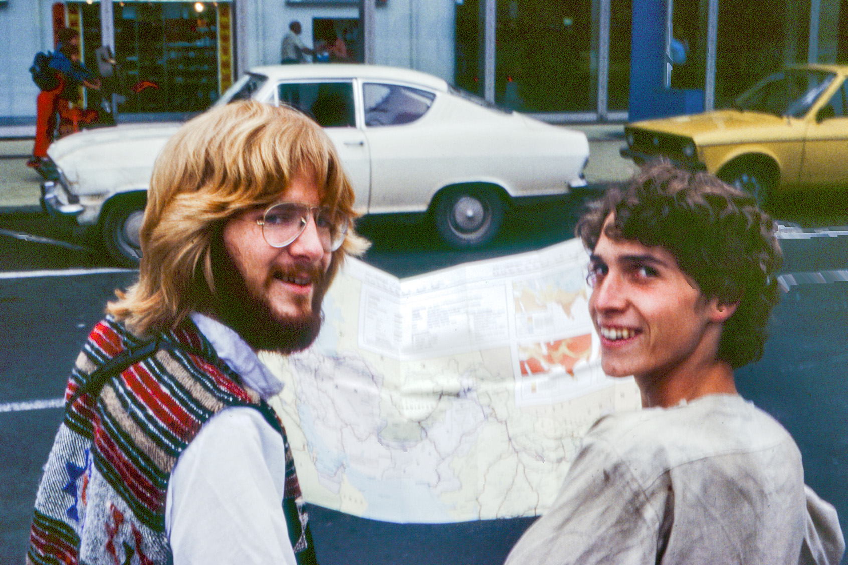 Rick Steves & Gene Openshaw consult Hippie Trail map