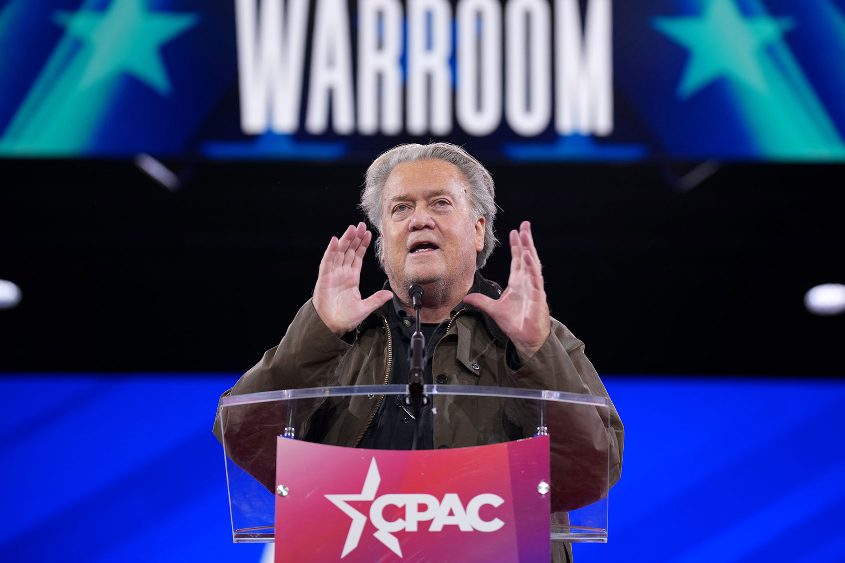 Steve Bannon, media personality and political strategist, speaks during the Conservative Political Action Conference (CPAC) at the Gaylord National Resort Hotel And Convention Center on February 20, 2025 in Oxon Hill, Maryland. (Andrew Harnik/Getty Images)