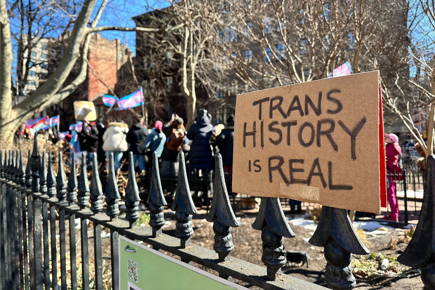 Protestors gather at the Stonewall National Monument in New York after references to transgender identity were removed from the National Parks Service website, Feb. 14, 2025. (Photo by Griffin Eckstein)