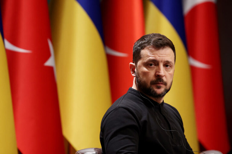 Ukrainian President Volodymyr Zelenskiy attends a joint news conference with Turkish President Recep Tayyip Erdoğan holds a joint news conference with on February 18, 2024 in Ankara, Türkiye. (Yavuz Ozden/ dia images via Getty Images)