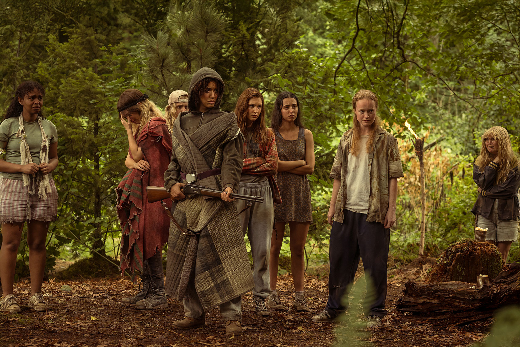 Silvana Estifanos as Teen Britt, Sophie Thatcher as Teen Natalie, Jenna Burgess as Teen Melissa, Jasmin Savoy Brown as Teen Taissa, Sophie Nélisse as Teen Shauna, Anisa Harris as Teen Robin, Liv Hewson as Teen Van and Samantha Hanratty as Teen Misty in "Yellowjackets" (Kailey Schwerman/Paramount+/SHOWTIME)
