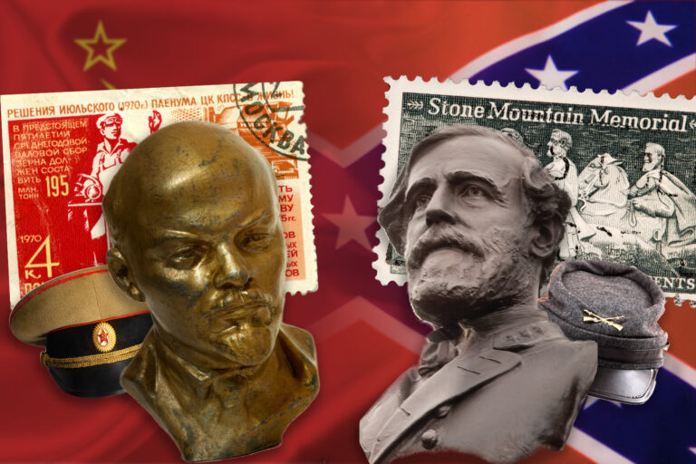 A collage of various Confederate and Soviet "memorabilia," including a bust of Vladimir Lenin, a statue of Robert E. Lee, and various postage stamps. (Illustration by Salon/Getty Images)