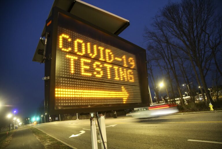 Stony Brook, N.Y.: A digital sign directs people to the drive-through coronavirus testing area which began on the main campus of Stony Brook University on March 18, 2020. Those wishing to be tested must first make an appointment. (Photo by John Paraskevas/Newsday RM vis Getty Images)