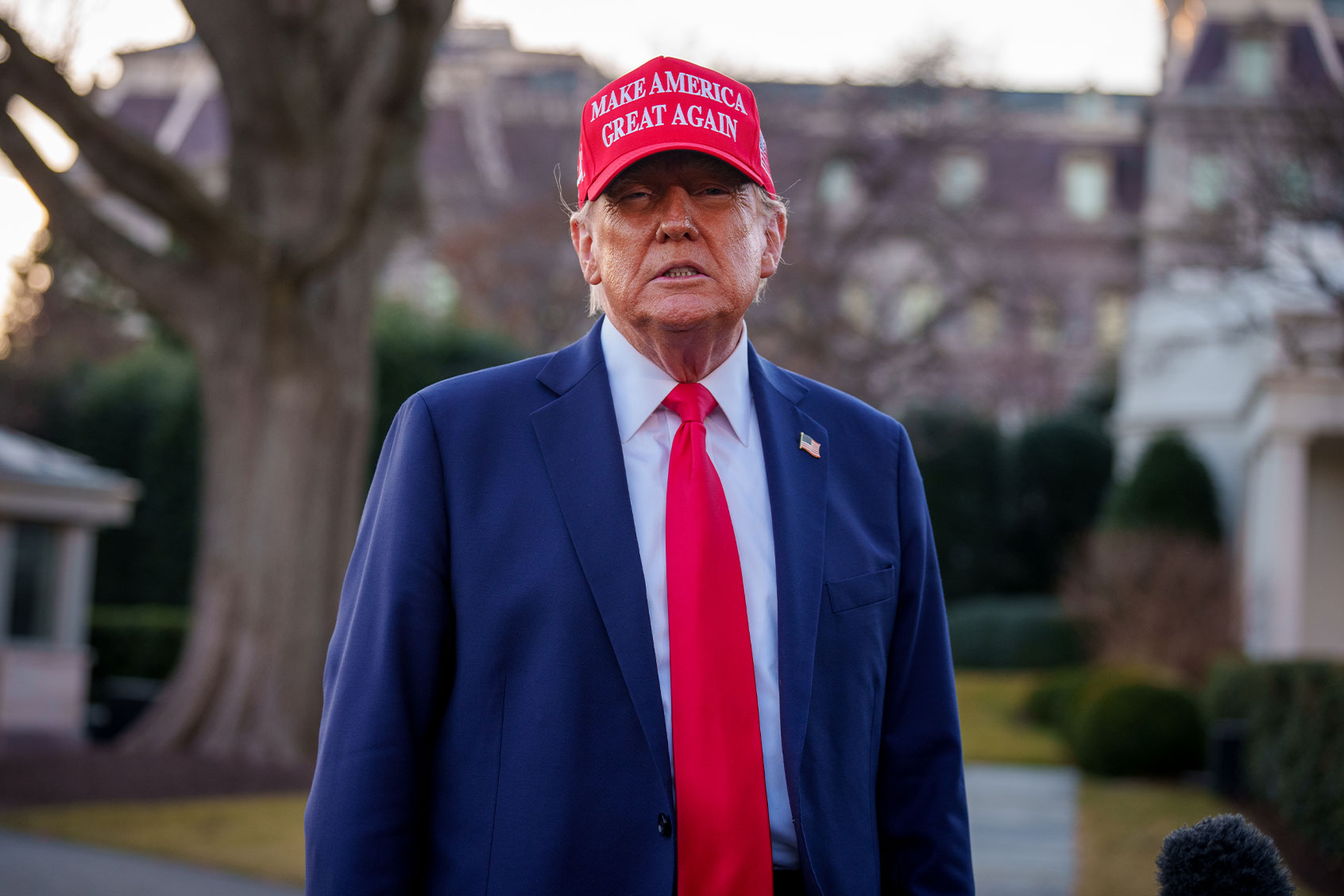 U.S. President Donald Trump takes a question from a reporter before boarding Marine One on the South Lawn of the White House on February 28, 2025 in Washington, DC. (Andrew Harnik/Getty Images)