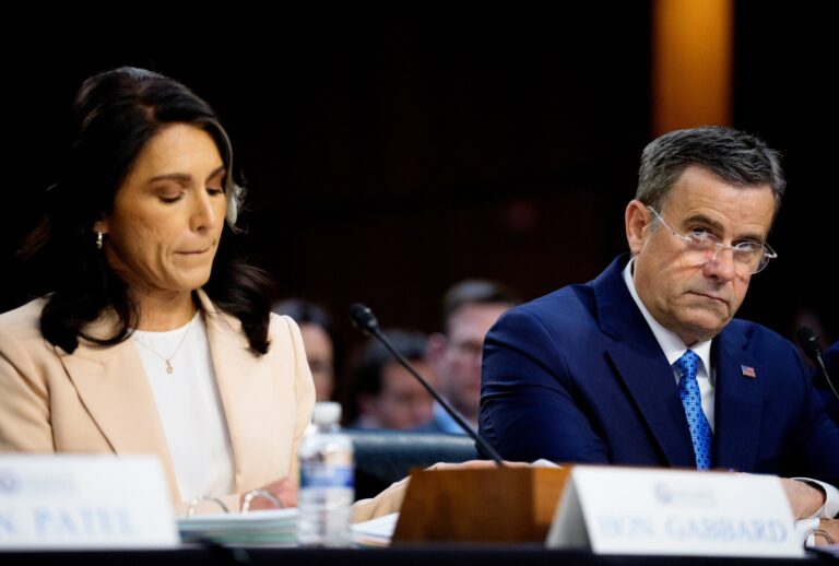 Director of National Intelligence Tulsi Gabbard and Central Intelligence Agency Director John Ratcliffe appear during a Senate Committee on Intelligence Hearing on March 25, 2025 in Washington, DC. (Andrew Harnik/Getty Images)