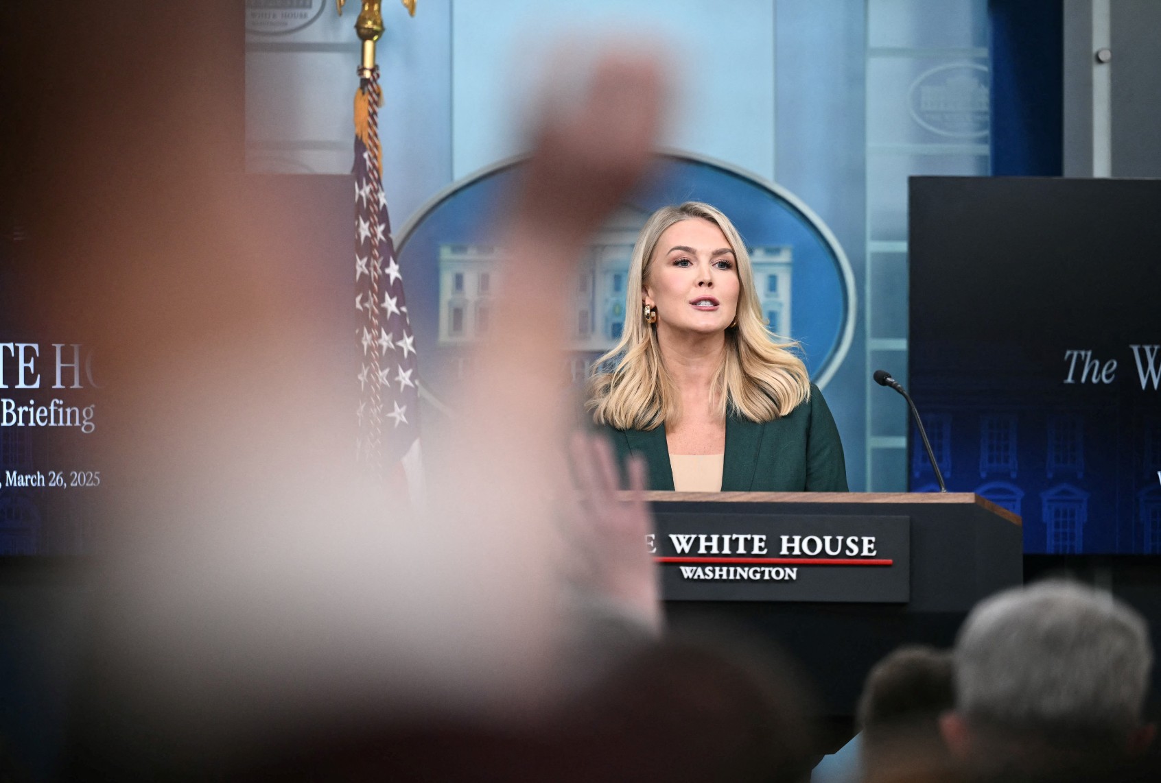 White House Press Secretary Karoline Leavitt speaks during the daily briefing in the Brady Briefing Room of the White House in Washington, DC, on March 26, 2025. (MANDEL NGAN/AFP via Getty Images)