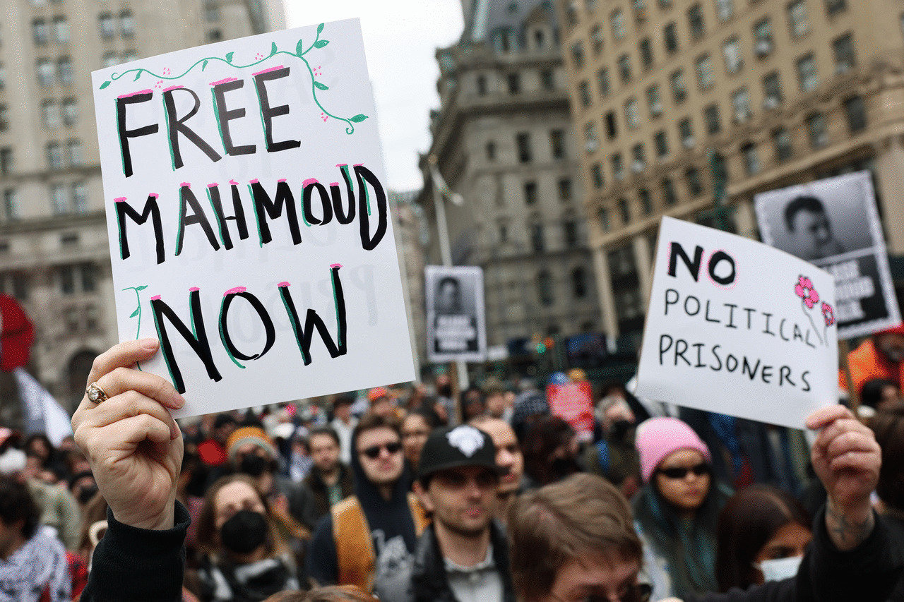 People gather outside of a New York court to protest the arrest and detention of Mahmoud Khalil at Foley Square on March 12, 2025 in New York City. (Michael M. Santiago/Getty Images)