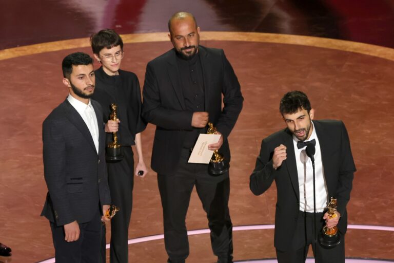 (L-R) Basel Adra, Rachel Szor, Hamdan Ballal, and Yuval Abraham accept the Documentary Feature Film award "No Other Land" onstage during the 97th Annual Oscars at Dolby Theatre on March 02, 2025, in Hollywood, California. (Kevin Winter/Getty Images)