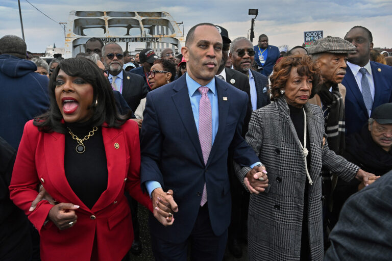 U.S. Rep. Terri Sewell, Minority leader U.S. Rep. Hakeem Jeffries, U.S. Rep. Maxine Waters and civil rights leaders Al Sharpton and Jesse Jackson lead marchers during the Bloody Sunday 60th anniversary march at Edmund Pettus Bridge in Selma, Alabama on Sunday, March 09, 2025. (Michael S. Williamson/The Washington Post via Getty Images)