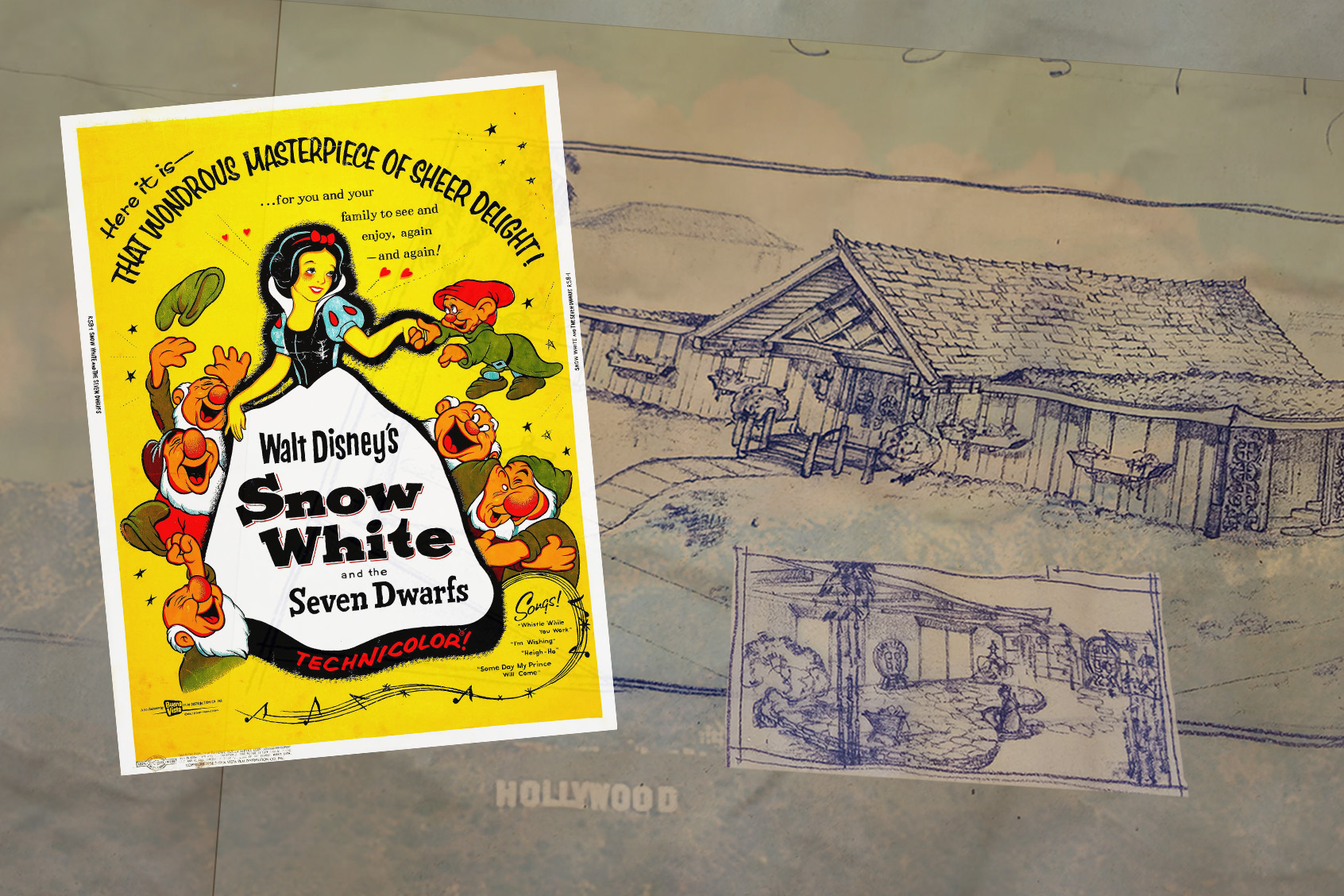 Snow White And The Seven Dwarfs poster, 1937, with home sketches. (Photo Illustration by Salon/Getty. Home sketches courtesy Ryan Ole Hass.)