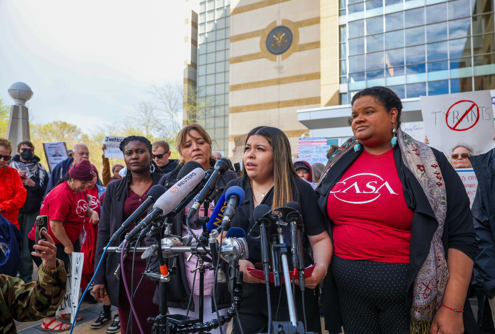 Jennifer Vasquez Sura, the wife of Kilmar Abrego Garcia, who was mistakenly deported to El Salvador, speaks to the media before she enters Federal Court on April 15, 2025 in Greenbelt, Maryland. (Tasos Katopodis/Getty Images)