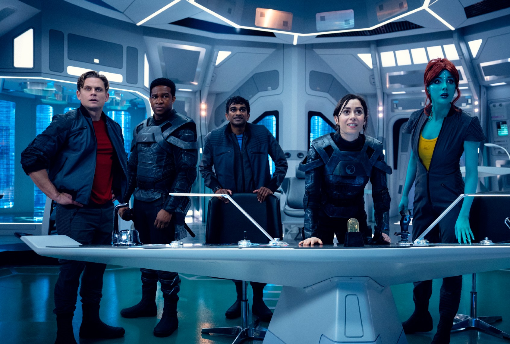 Billy Magnussen, Osy Ikhile, Paul G. Raymond, Cristin Milioti and Milanka Brooks in "Black Mirror" (Nick Wall/Netflix)