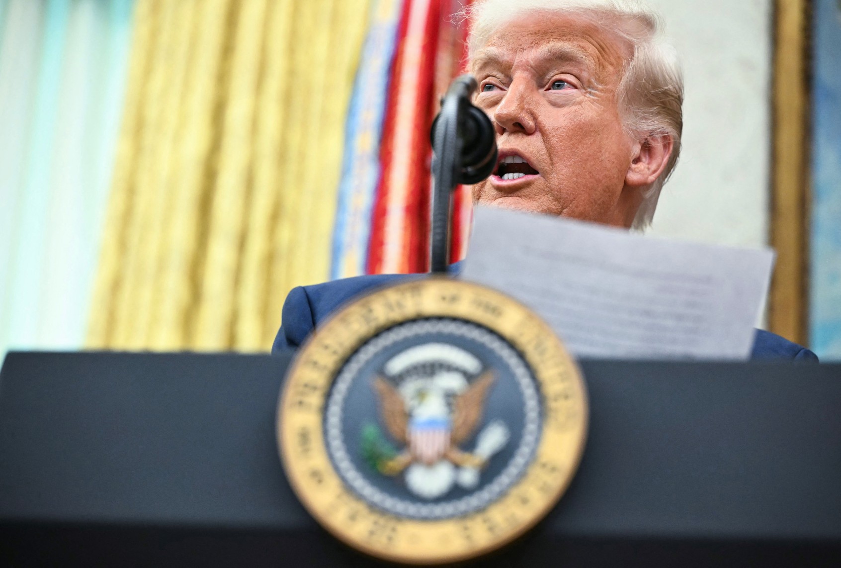 US President Donald Trump speaks about a Salvadoran immigrant Kilmar Abrego Garcia at the White House in Washington, DC on April 18, 2025. (MANDEL NGAN/AFP via Getty Images)