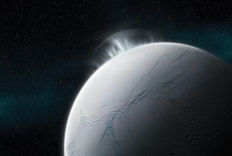Illustration of vapour plumes erupting from the surface of Enceladus, Saturns sixth largest moon, created on July 26, 2018. (Illustration by Tobias Roetsch/Future Publishing via Getty Images)