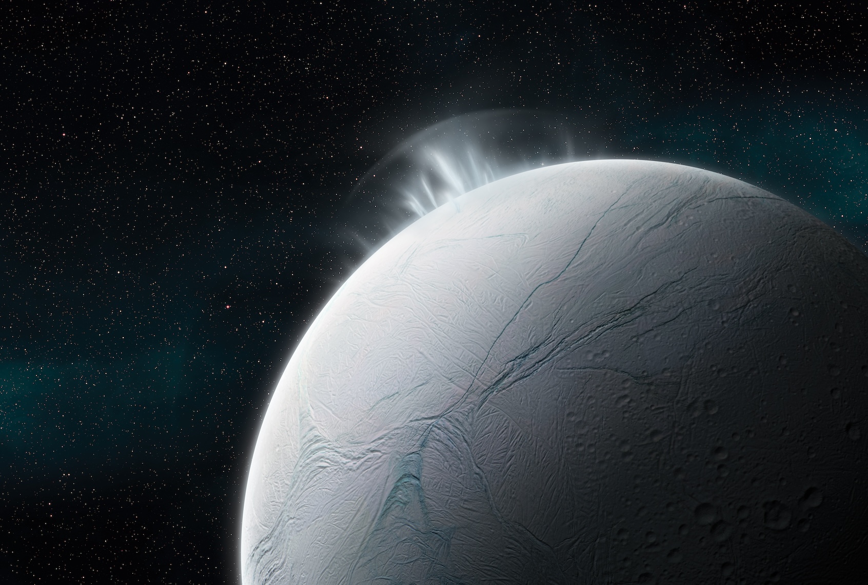 Illustration of vapour plumes erupting from the surface of Enceladus, Saturns sixth largest moon, created on July 26, 2018. (Illustration by Tobias Roetsch/Future Publishing via Getty Images)