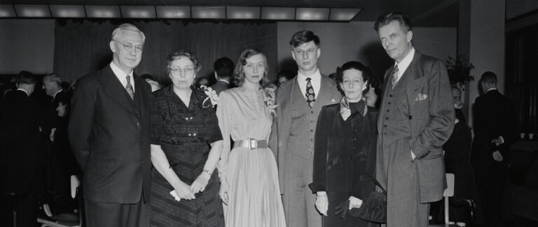 Wedding reception for Ellen and Matthew Huxley, third and fourth from left, at the New School in New York, April 30, 1950. Also shown, from left: Ellen's parents; Maria Huxley and the author Aldous Huxley (far right). (Bettmann via Getty Images)