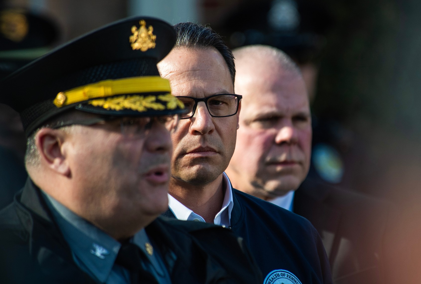 Pennsylvania Gov. Josh Shapiro (C) looks on during a press conference outside of the Governor's Mansion after a portion of the property was damaged in an arson fire on April 13, 2025 in Harrisburg, Pennsylvania. (Matthew Hatcher/Getty Images)