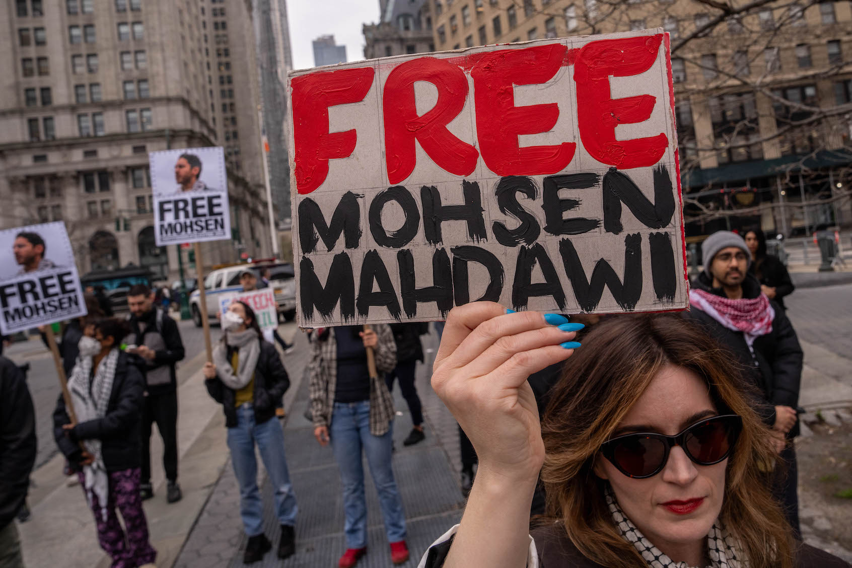 Activists rally for Mohsen Mahdawi and protest against deportations outside ICE headquarters in New York, April 15, 2025. (Adam Gray/Getty Images)