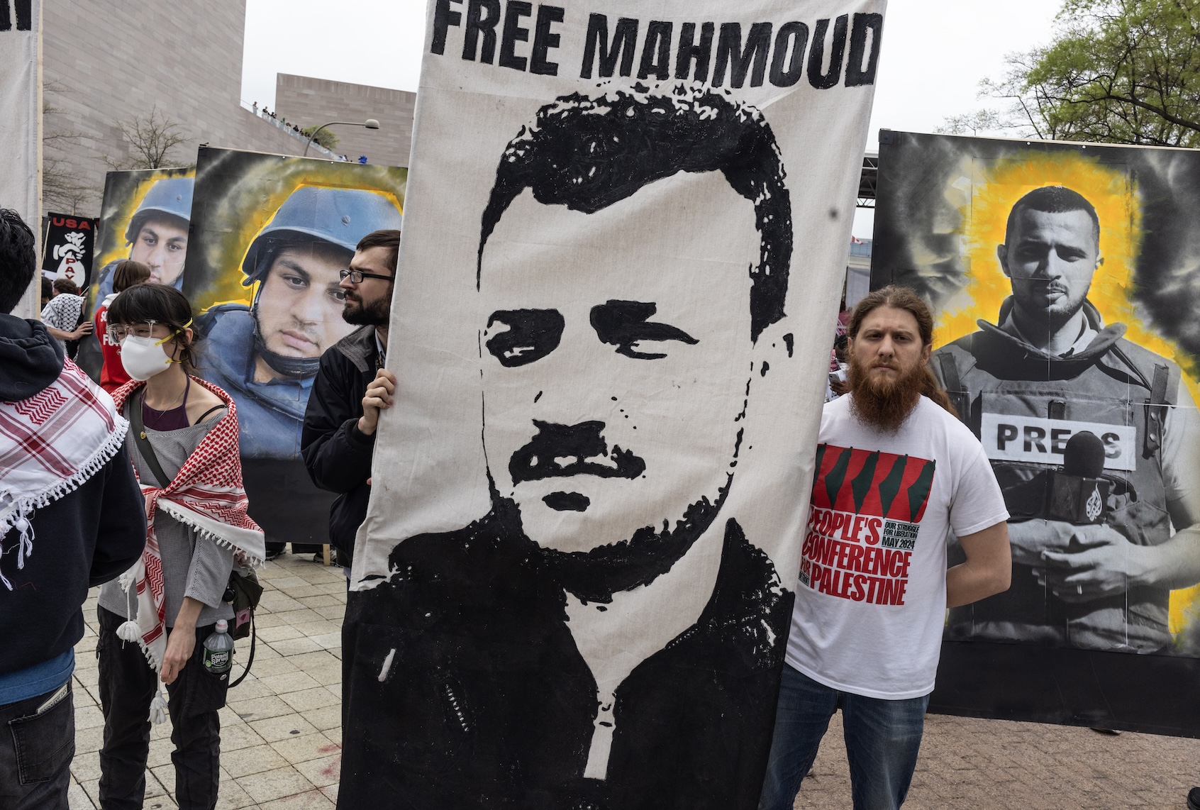 Pro Palestine demonstrators hold a rally and march to the national ICE headquarters to protest the arrest of Palestinian activists, April 5, 2025 in Washington, D.C. (Photo by Andrew Lichtenstein/Corbis via Getty Images)
