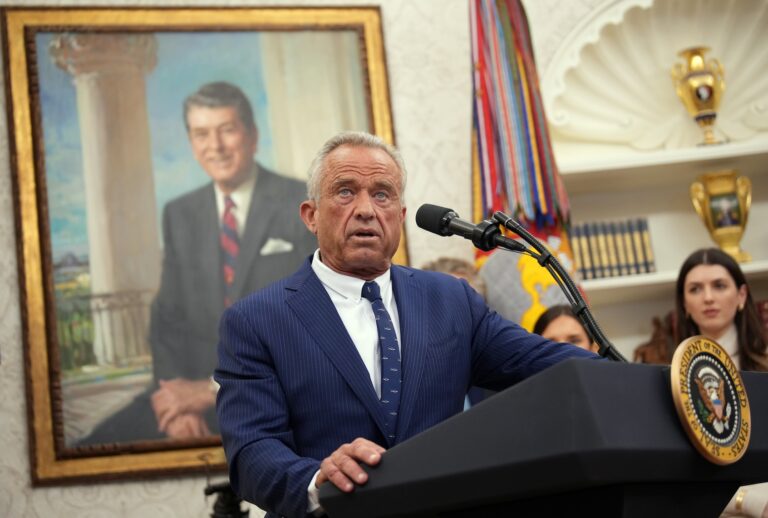 Robert F. Kennedy Jr. speaks after being sworn in as Secretary of Health and Human Services in the Oval Office at the White House on February 13, 2025 in Washington, DC. Kennedy, who faced criticism for his past comments on vaccine, was confirmed by the Senate 52 to 48. (Photo by Andrew Harnik/Getty Images)