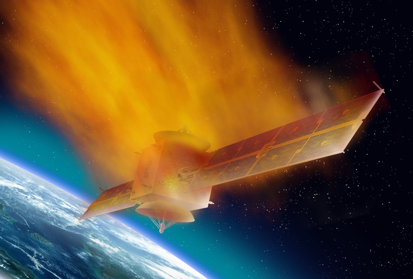 Satellite hurtling through space burning up as it enters the atmosphere. (PaulFleet / Getty Images)