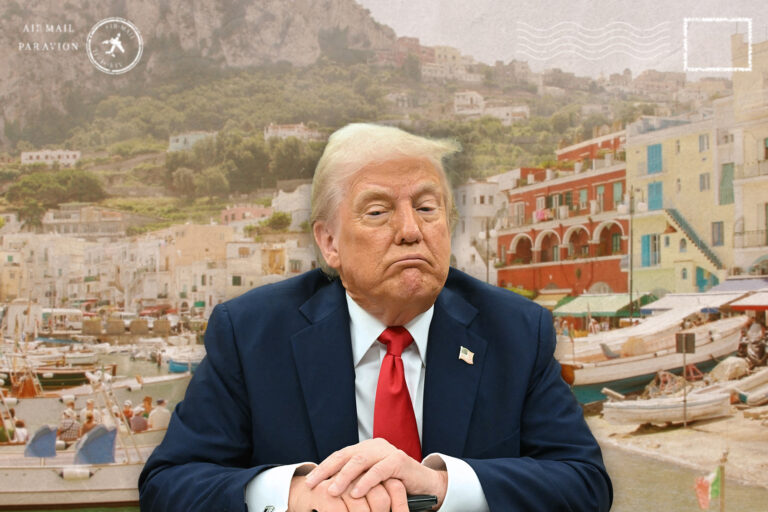 Trump frowning in front of a postcard of Positano, Italy. (Photo Illustration by Salon / Getty Images)