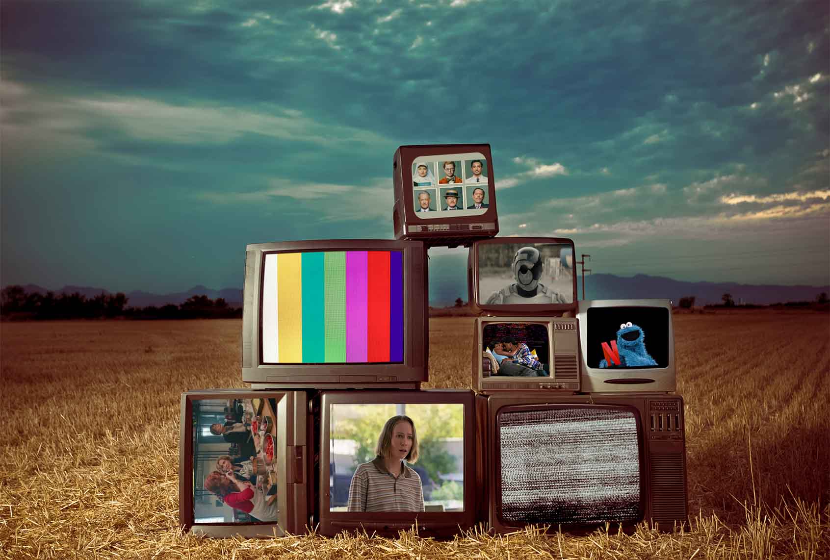 Various old televisions play modern shows and movies (Photo Illustration by Salon / Getty Images/xavierarnau / Netflix / Elizabeth Morris/Netflix / AppleTV+ / Focus Features / Kenny Laubbaucher/Max)