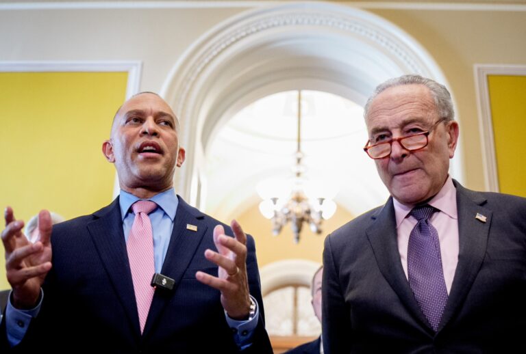 House Minority Leader Hakeem Jeffries, D-NY, accompanied by Senate Minority Leader Chuck Schumer, D-NY, speak at the U.S. Capitol on April 8, 2025 in Washington, DC. (Andrew Harnik/Getty Images)