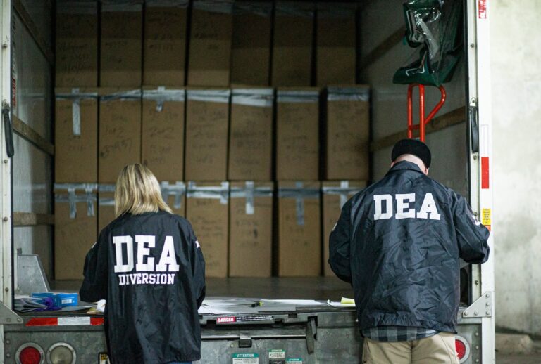 Members of the DEA in White Plains, New York on April 24, 2021. (KENA BETANCUR/AFP via Getty Images)