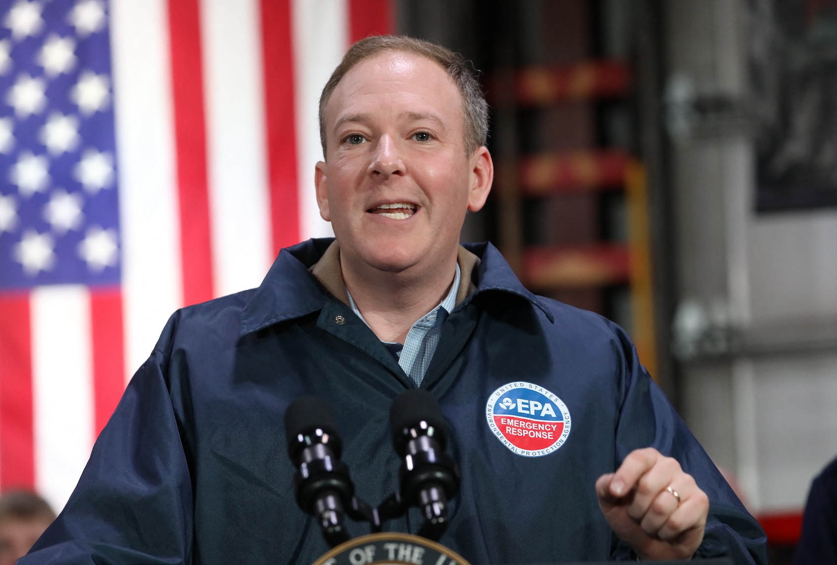 EPA Administrator Lee Zeldin speaks as US Vice President JD Vance visits the East Palestine Fire Department in East Palestine, Ohio, on February 3, 2025. (REBECCA DROKE/POOL/AFP via Getty Images)