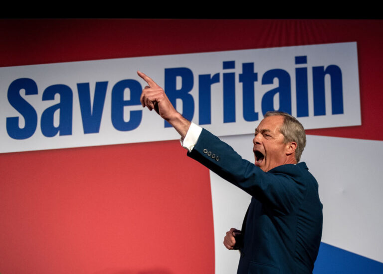 Nigel Farage at the 2023 Reform UK convention in London. (Chris J. Ratcliffe/Getty Images)
