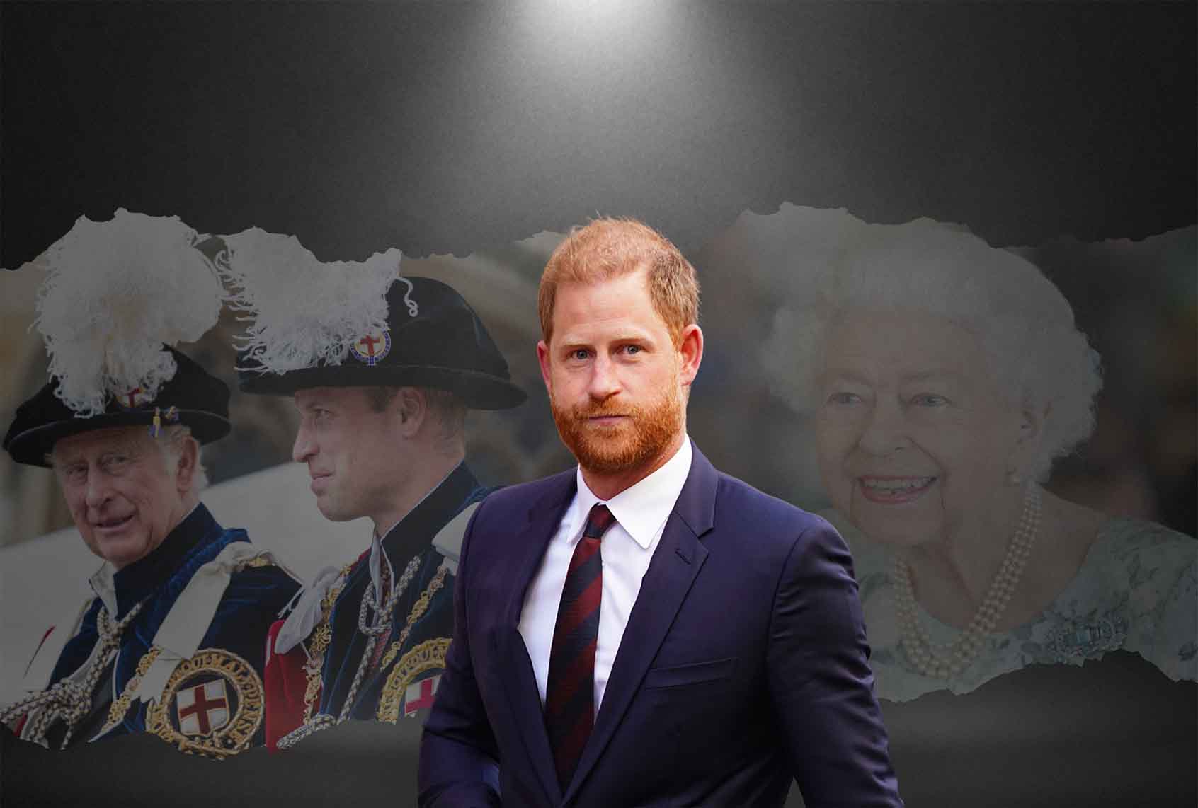 Harry, Duke of Sussex, surrounded by members of the royal family (Photo Illustration by Salon / Getty Images /James Manning - PA Images / WPA Pool / DrPixel )
