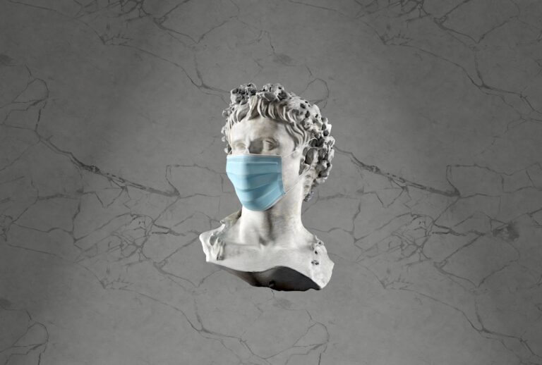 Marble Roman bust with a surgical mask over its face. (Getty Images / OsakaWayne Studios)