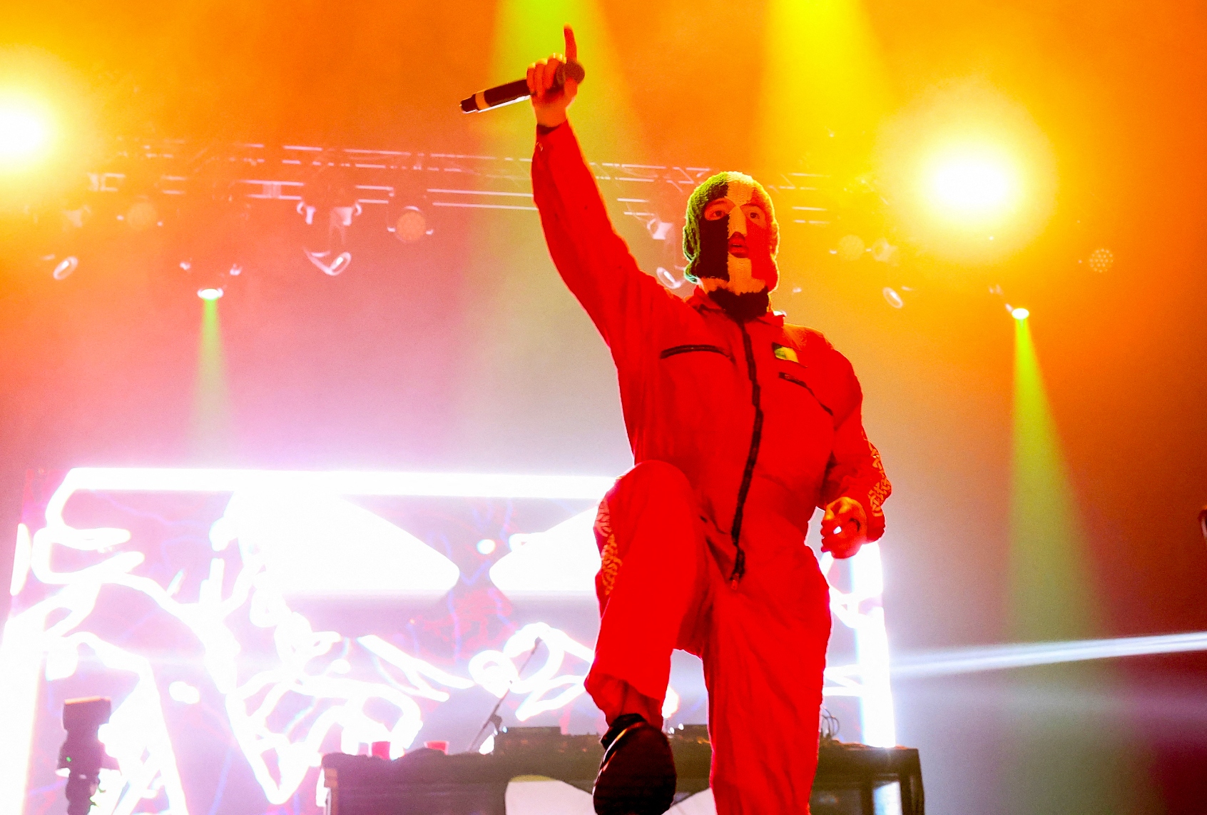 DJ Próvaí of Irish hip-hop trio Kneecap performs during the 2025 Coachella Valley Music and Arts Festival, April 11, 2025. (Valerie Macon/AFP via Getty Images)