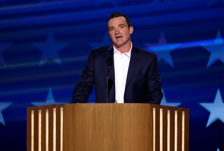 Former Trump voter Kyle Sweetser speaks on stage during the second day of the Democratic National Convention at the United Center on August 20, 2024 in Chicago, Illinois. (Chip Somodevilla/Getty Images)