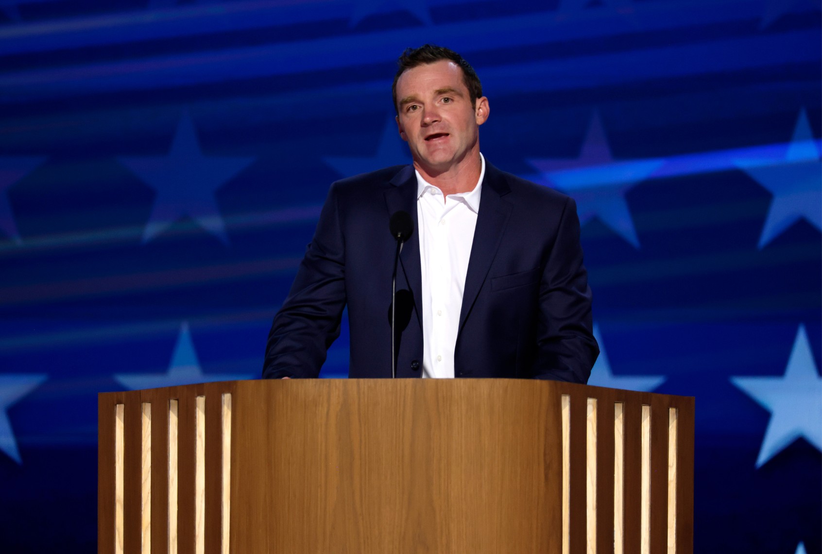 Former Trump voter Kyle Sweetser speaks on stage during the second day of the Democratic National Convention at the United Center on August 20, 2024 in Chicago, Illinois. (Chip Somodevilla/Getty Images)