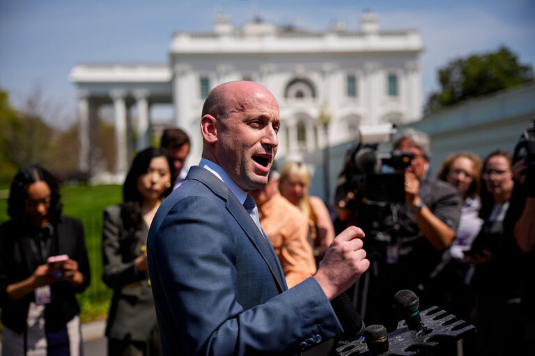 White House deputy chief of staff Stephen Miller speaks to reporters outside the White House, April 18, 2025. (Andrew Harnik/Getty Images)