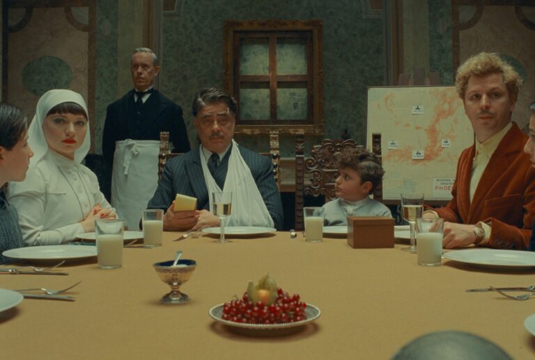 (L to R) Mia Threapleton as Liesl, Benicio Del Toro as Zsa-Zsa Korda and Michael Cera as Bjorn in director Wes Anderson's "The Phoenician Scheme" (Courtesy of TPS Productions/Focus Features)