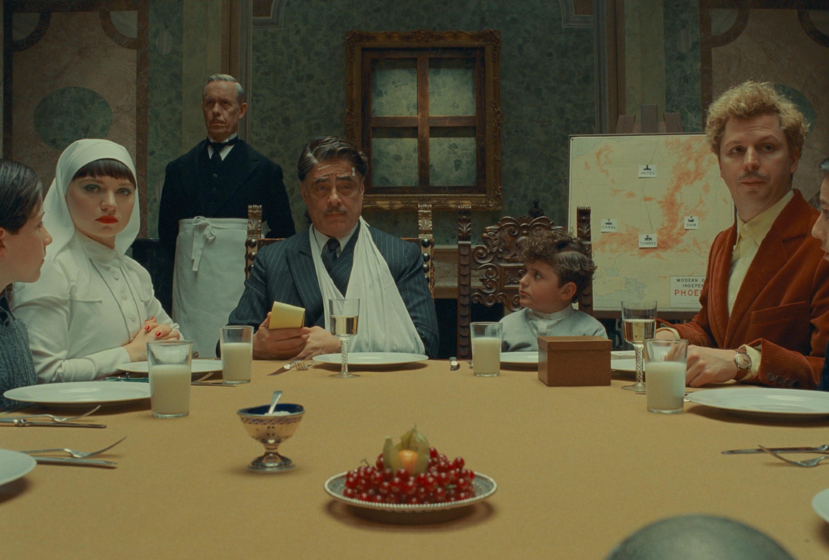 (L to R) Mia Threapleton as Liesl, Benicio Del Toro as Zsa-Zsa Korda and Michael Cera as Bjorn in director Wes Anderson's "The Phoenician Scheme" (Courtesy of TPS Productions/Focus Features)