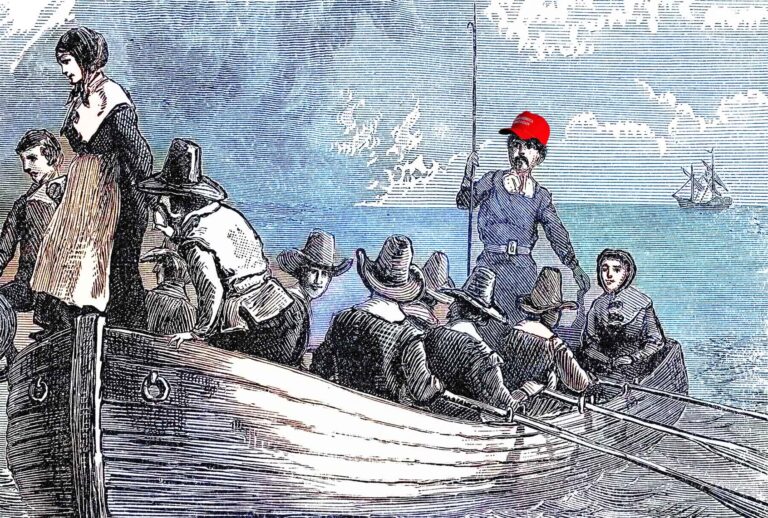 An engraved illustration of pilgrims landing at Plymouth Rock, with one wearing a MAGA hat. (Photo Illustration by Salon / Getty Images / mikroman6)