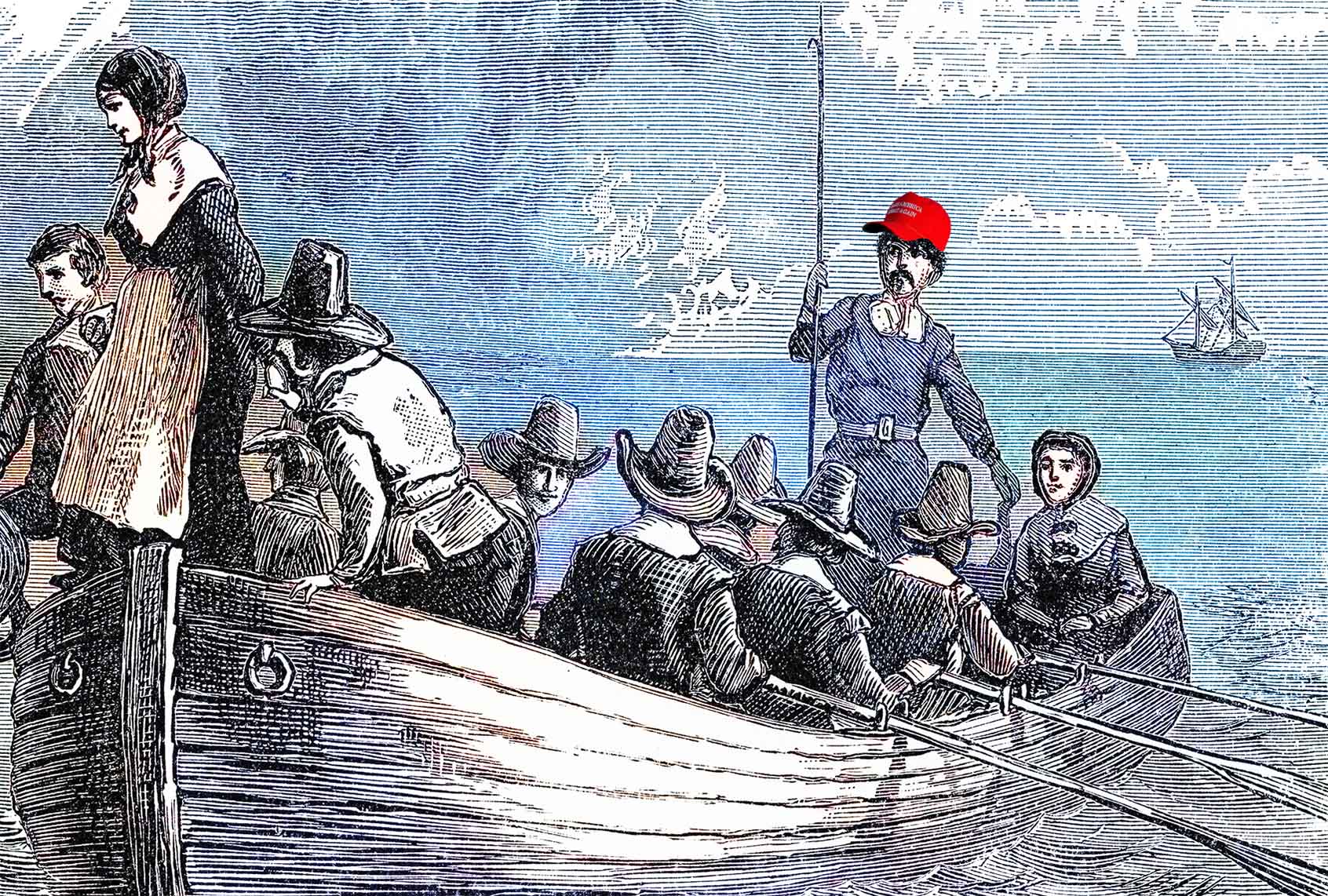 An engraved illustration of pilgrims landing at Plymouth Rock, with one wearing a MAGA hat. (Photo Illustration by Salon / Getty Images / mikroman6)