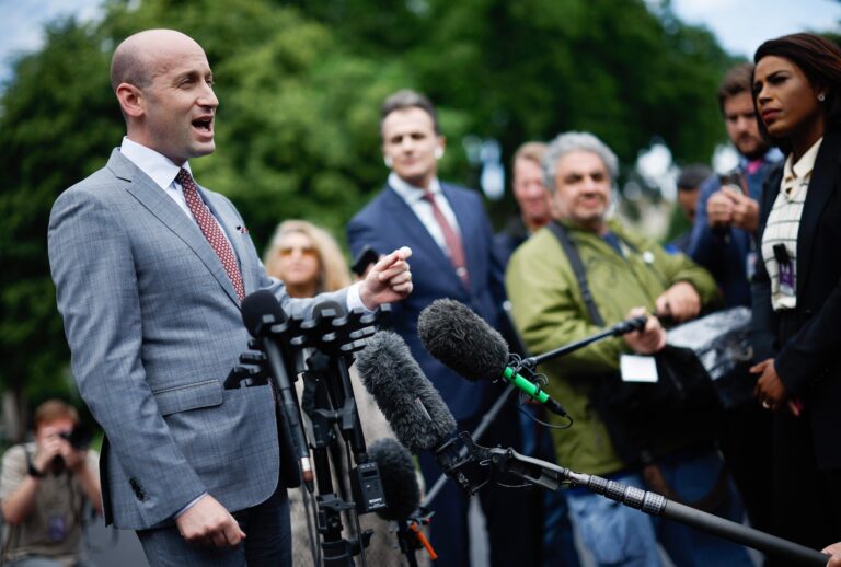 White House Deputy Chief of Staff Stephen Miller talks to reporters outside of the White House West Wing on May 09, 2025 in Washington, DC. (Chip Somodevilla/Getty Images)