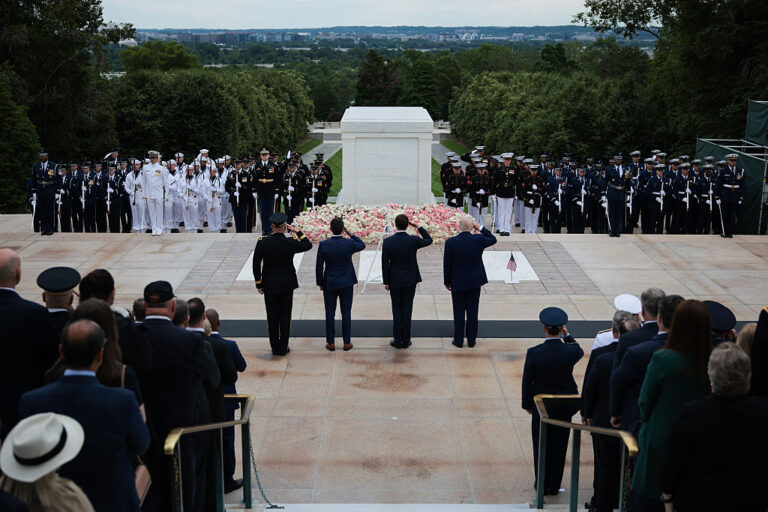 On May 26, 2025, President Trump honors Memorial Day at Arlington National Cemetery just hours after posting an all-caps rant on Truth Social. (Kayla Bartkowski/Getty Images)