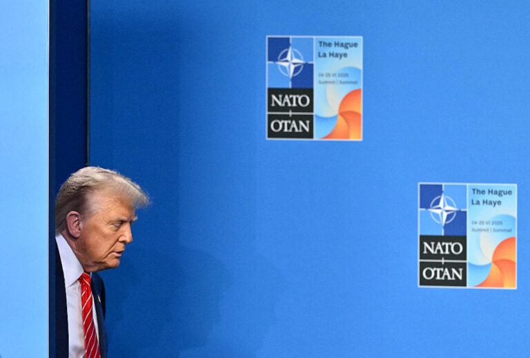 President Donald Trump arrives at the NATO Heads of State and Government summit in The Hague, on June 25, 2025. (NICOLAS TUCAT / AFP)
