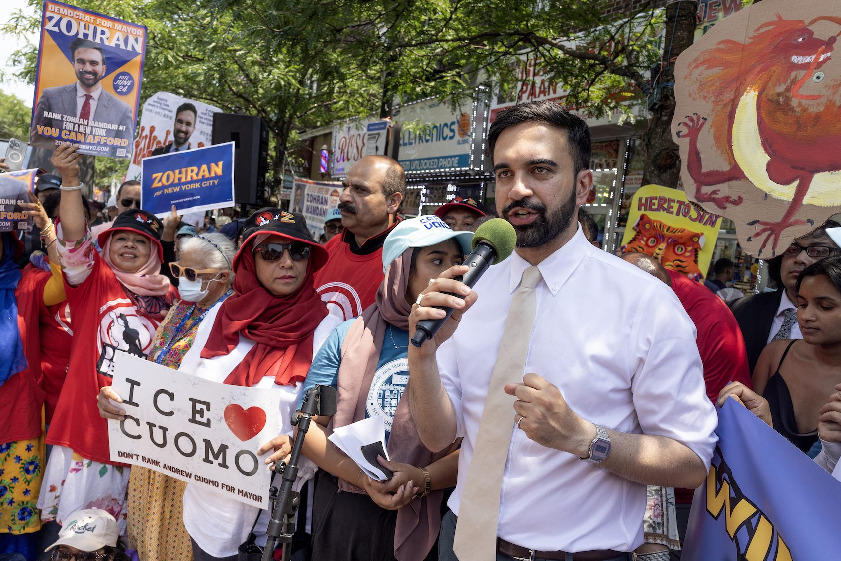 Zohran Mamdani at a campaign rally in Jackson Heights, Queens, on June 21, three days before his apparent victory in the Democratic primary for mayor of New York. (Andrew Lichtenstein/Corbis via Getty Images)