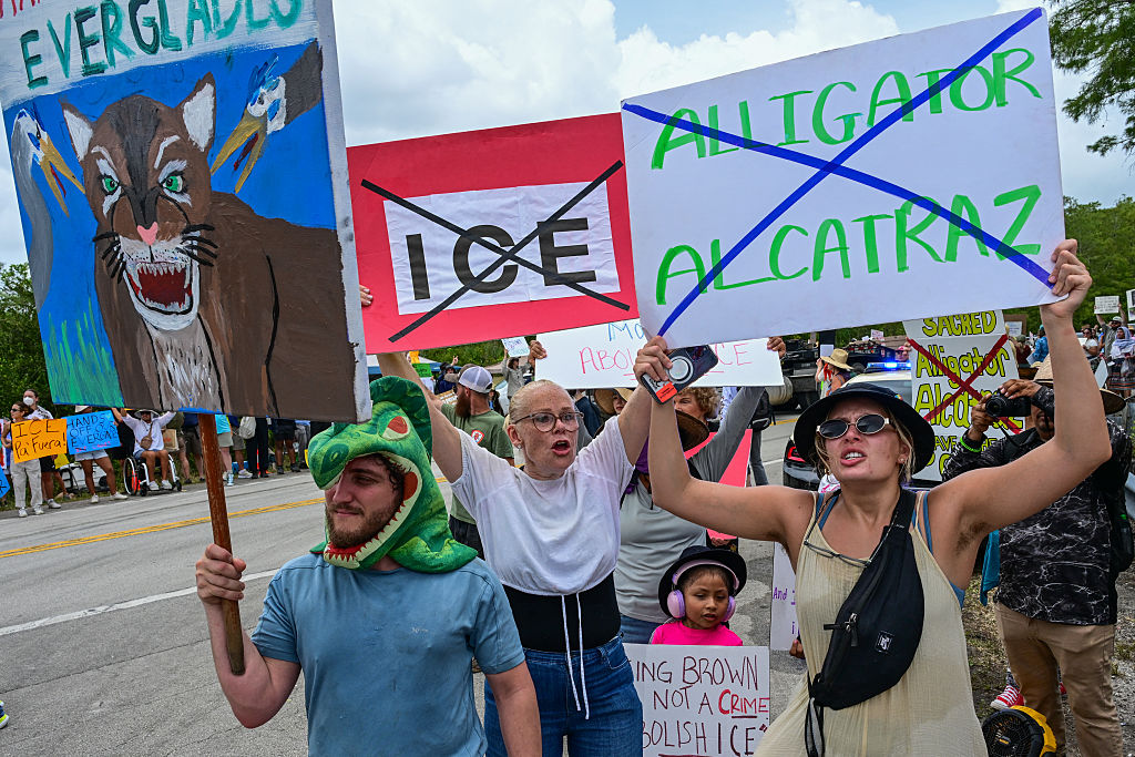Floridians protest the construction of an immigration detention center in the Everglades, dubbed "Alligator Alcatraz" (GIORGIO VIERA / AFP via Getty Images)