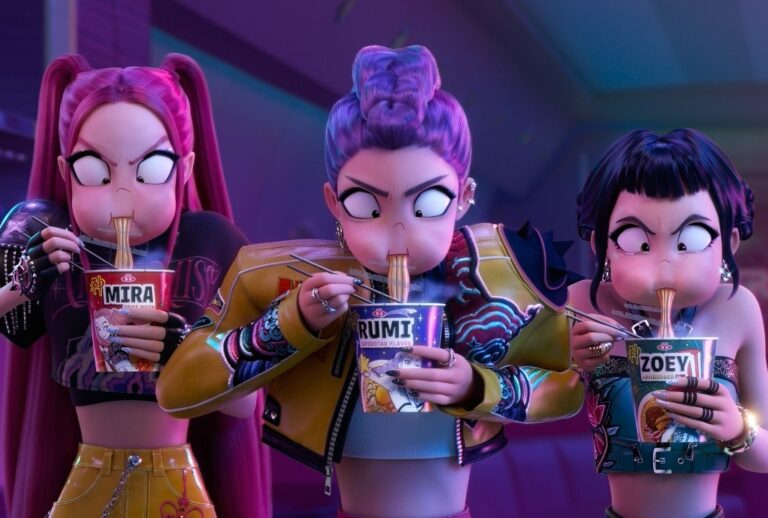 "Kpop Demon Hunters": Huntr/x members Mira, Rumi and Zoey slurp cup ramyeon (Netflix)
